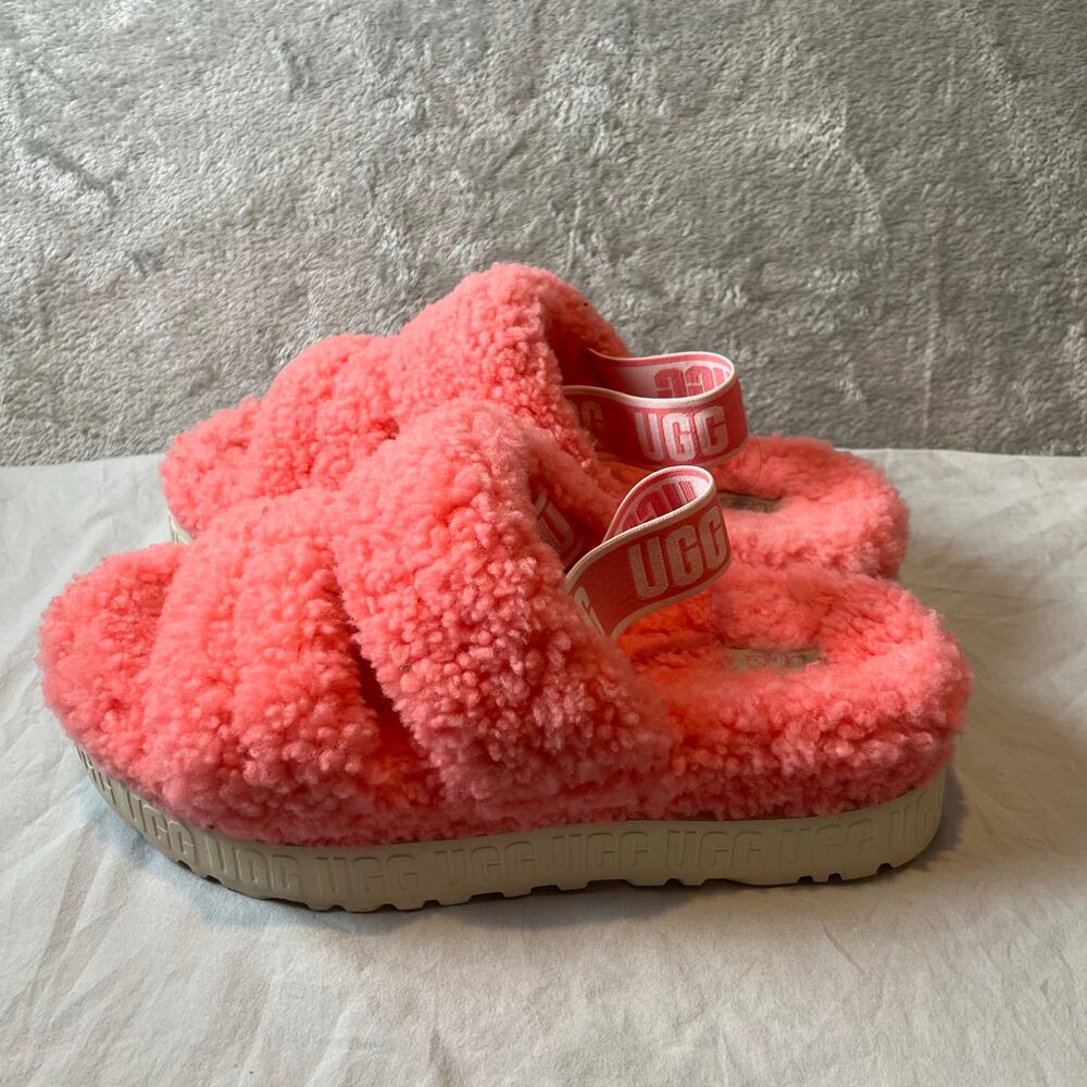 UGG Pink Shearling Platform Slide Sandals